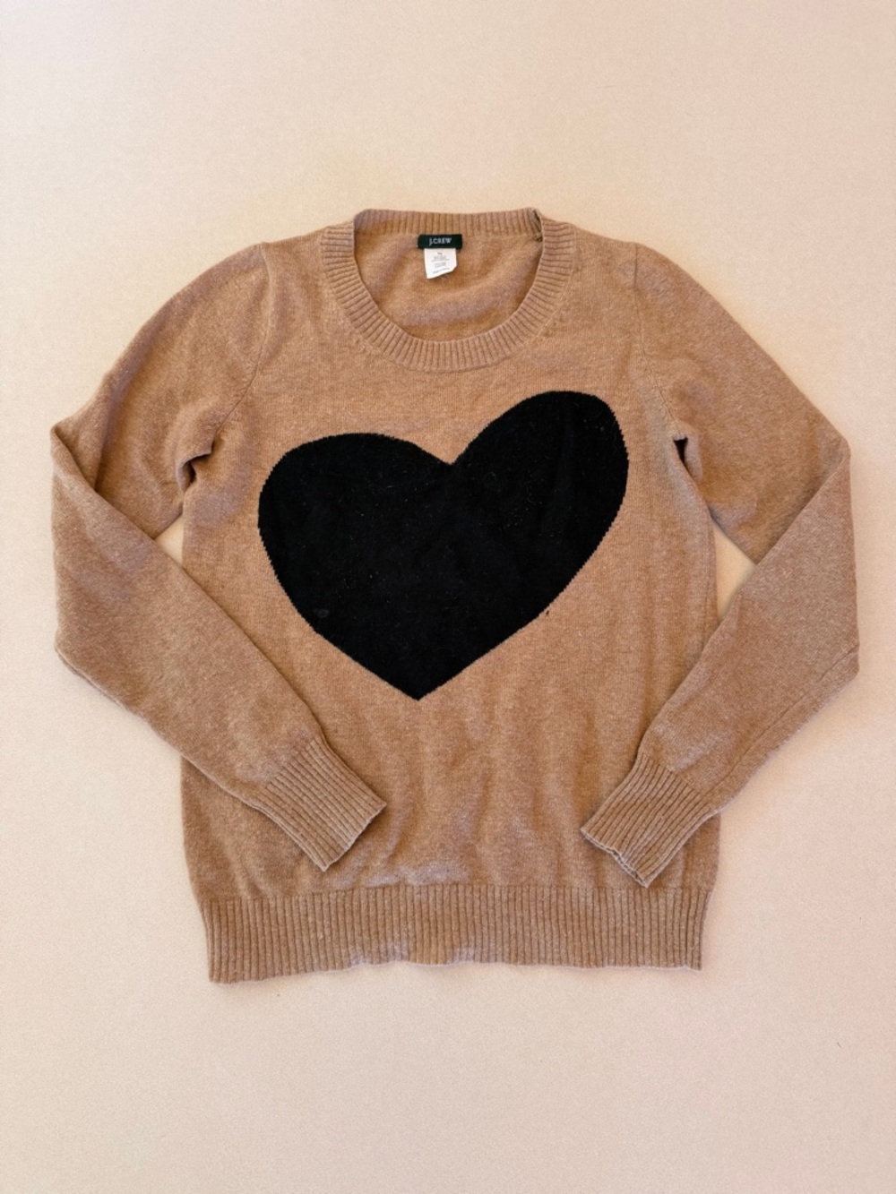 Vintage J. Crew Camel Crewneck Sweater with Black Heart